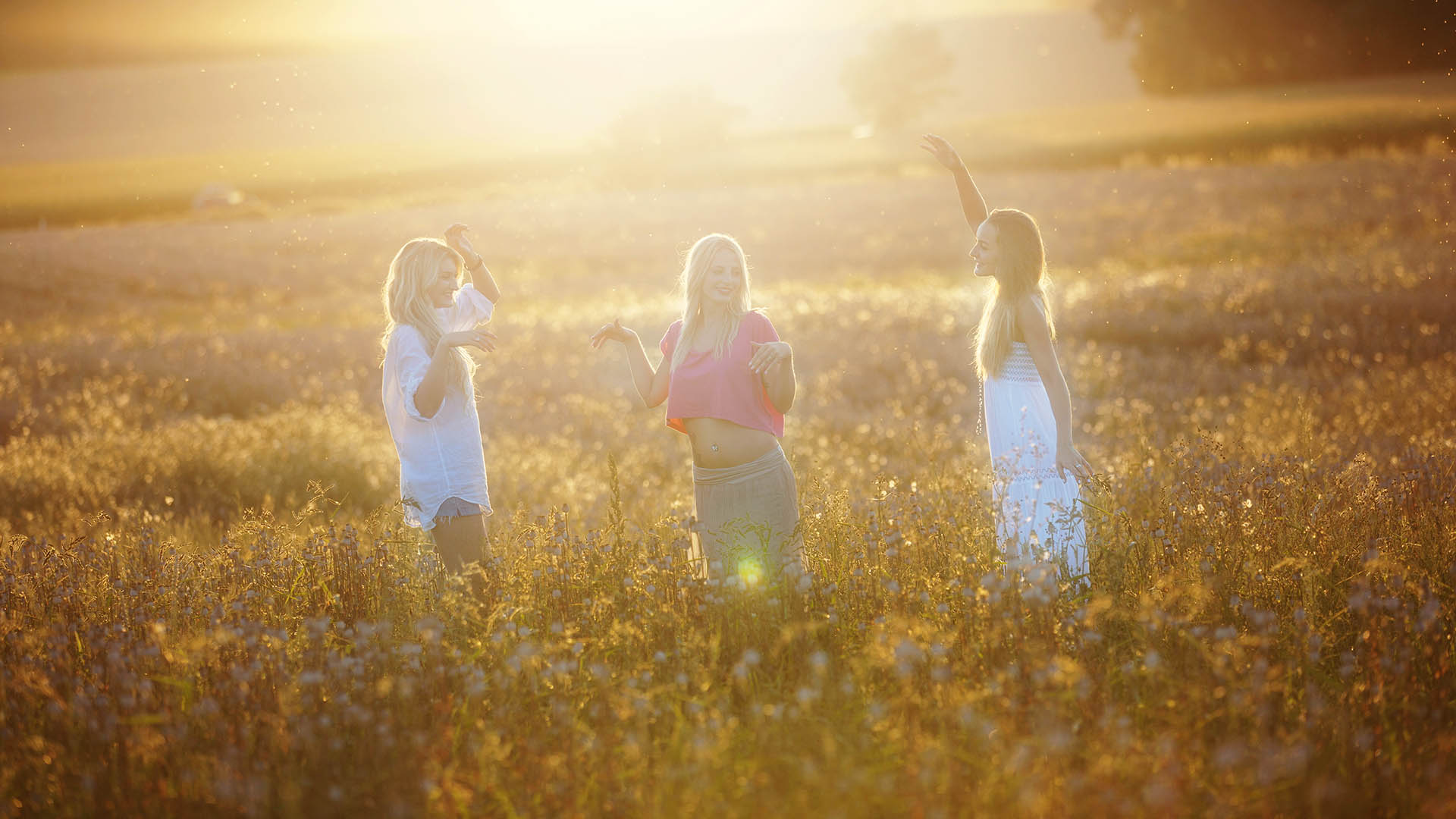 Mädchen im Mohnfeld bei Sonnenuntergang